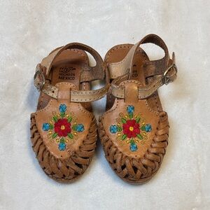 Embroidered Tan Kids Sandals with Floral Design